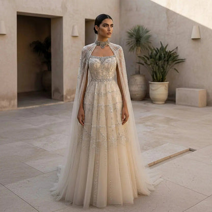 Luxury Cream Heavy Beaded Train Evening Dress with Cape SS486