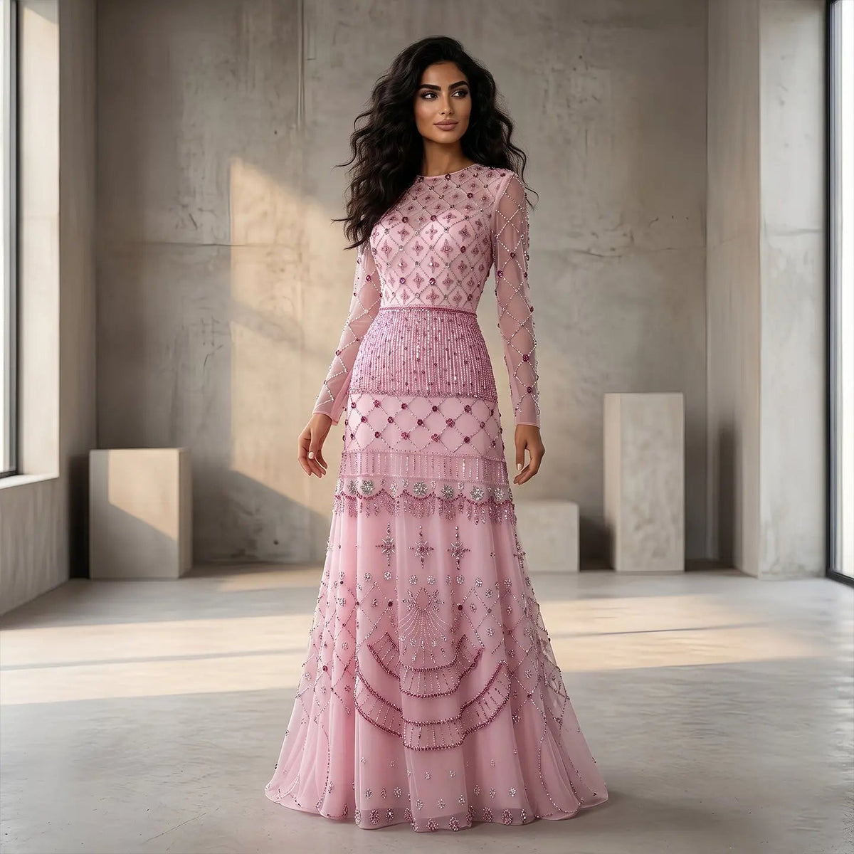 Luxury Pink Crystal Beaded Long Sleeve Embroidered Evening Dress SS220