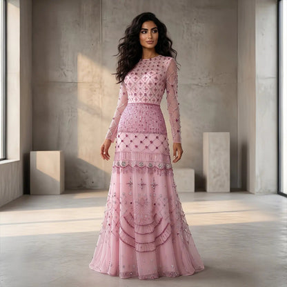 Luxury Pink Crystal Beaded Long Sleeve Embroidered Evening Dress SS220