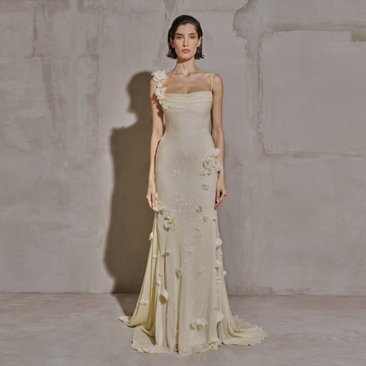 Luxury Light Yellow 3D Floral Sequin Spaghetti Strap Evening Dress SF438