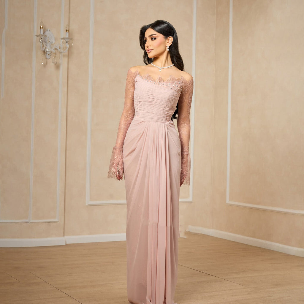Elegant Crystal Pink Lace Long Sleeve Evening Dress with ruffles SF397