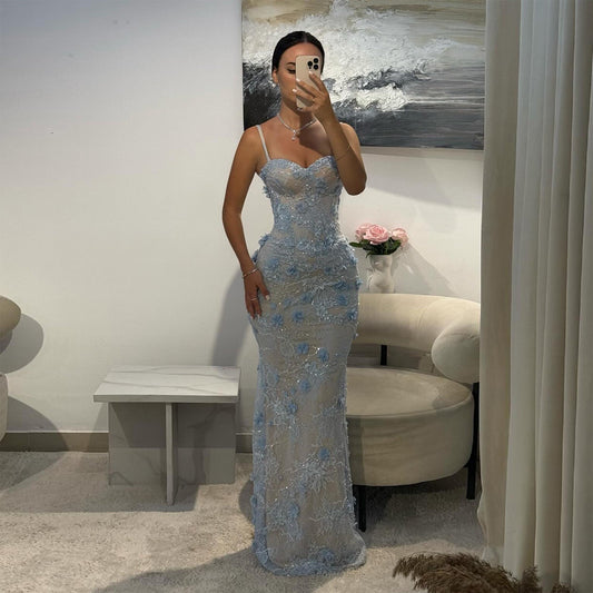 Luxury Light Blue Sweetheart 3D Floral Mermaid Evening Dress SF523