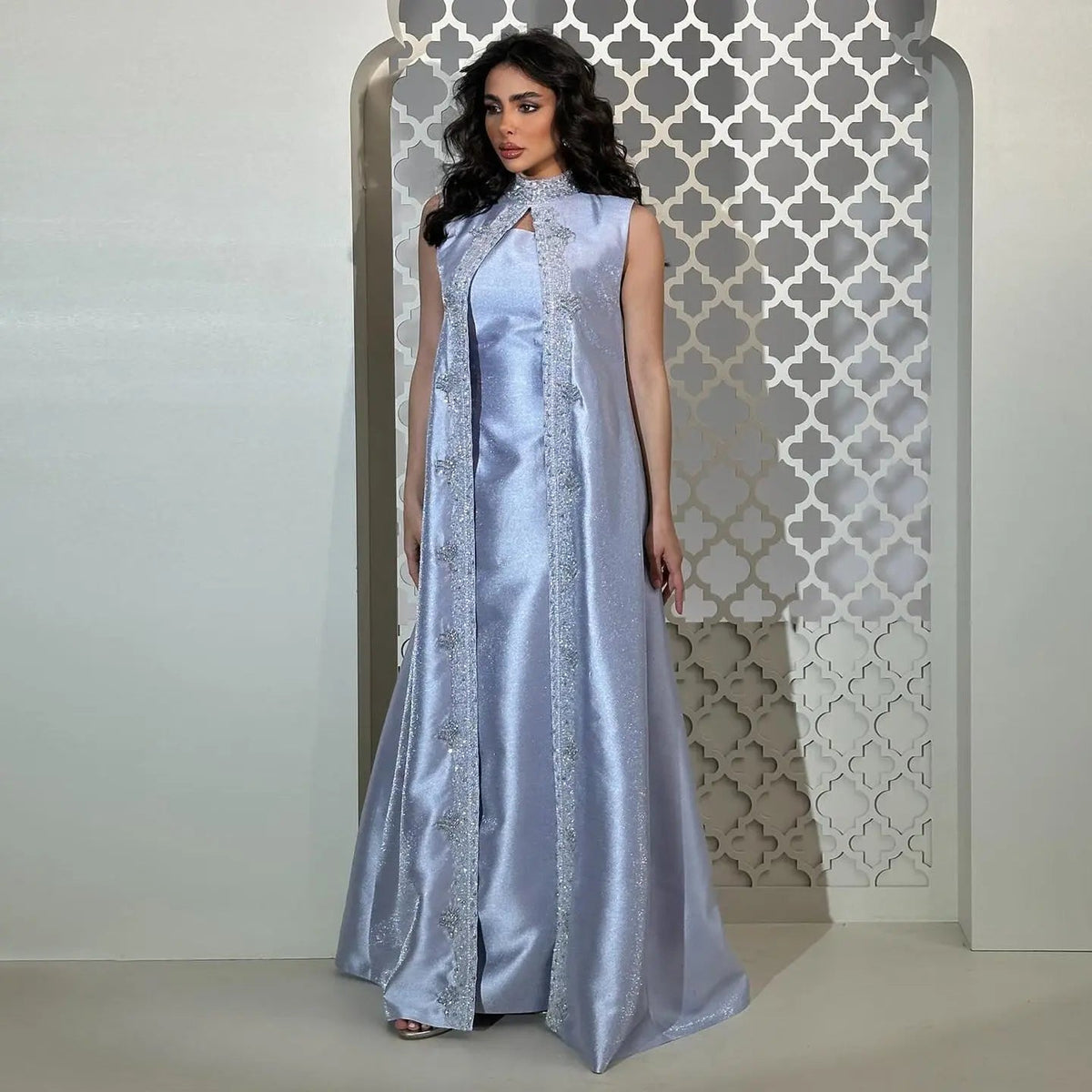 Luxury Rhinestone Lilac Kaftan Evening Dress with Cape SS276