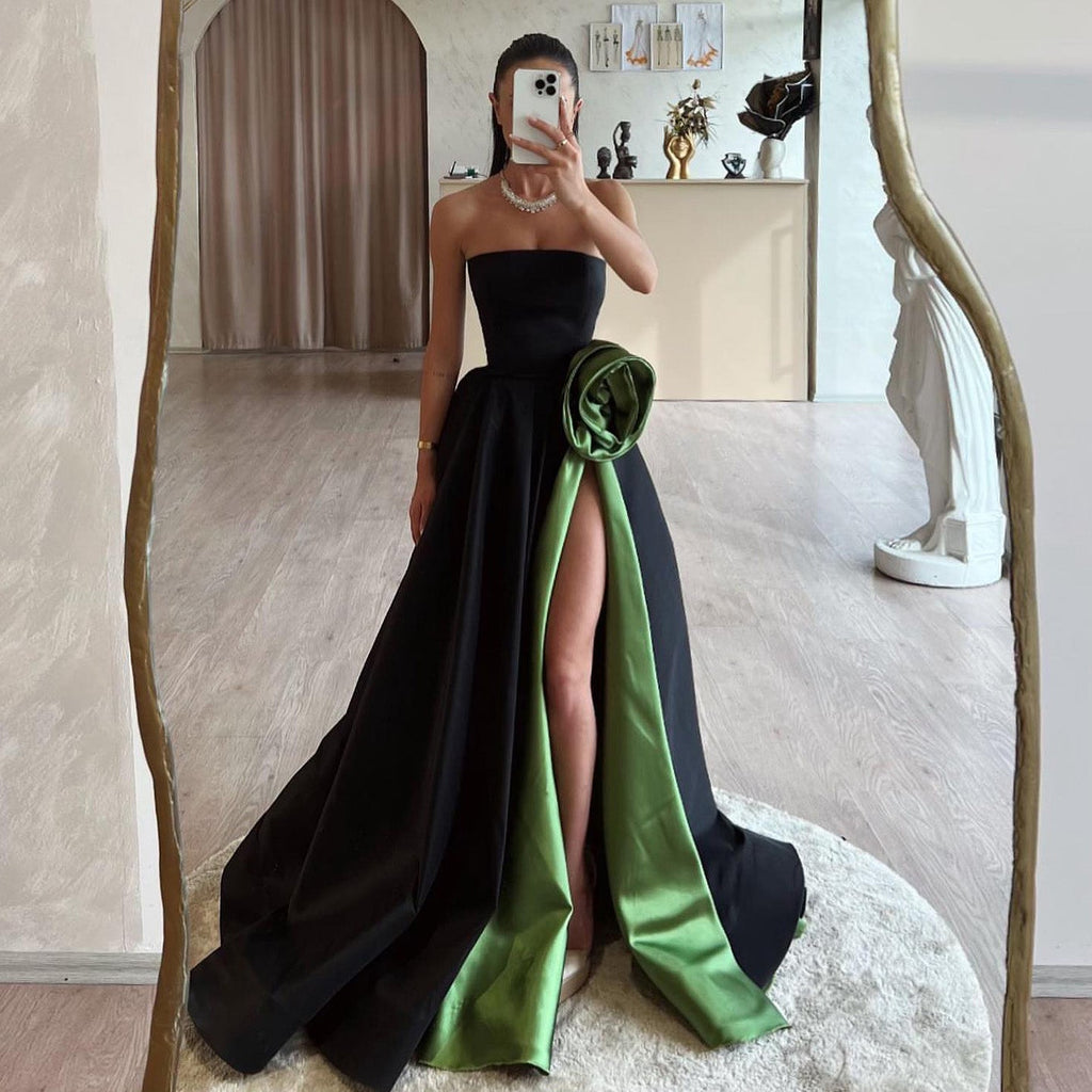 Elegant Black Strapless 3D Floarl Evening Dress SF099