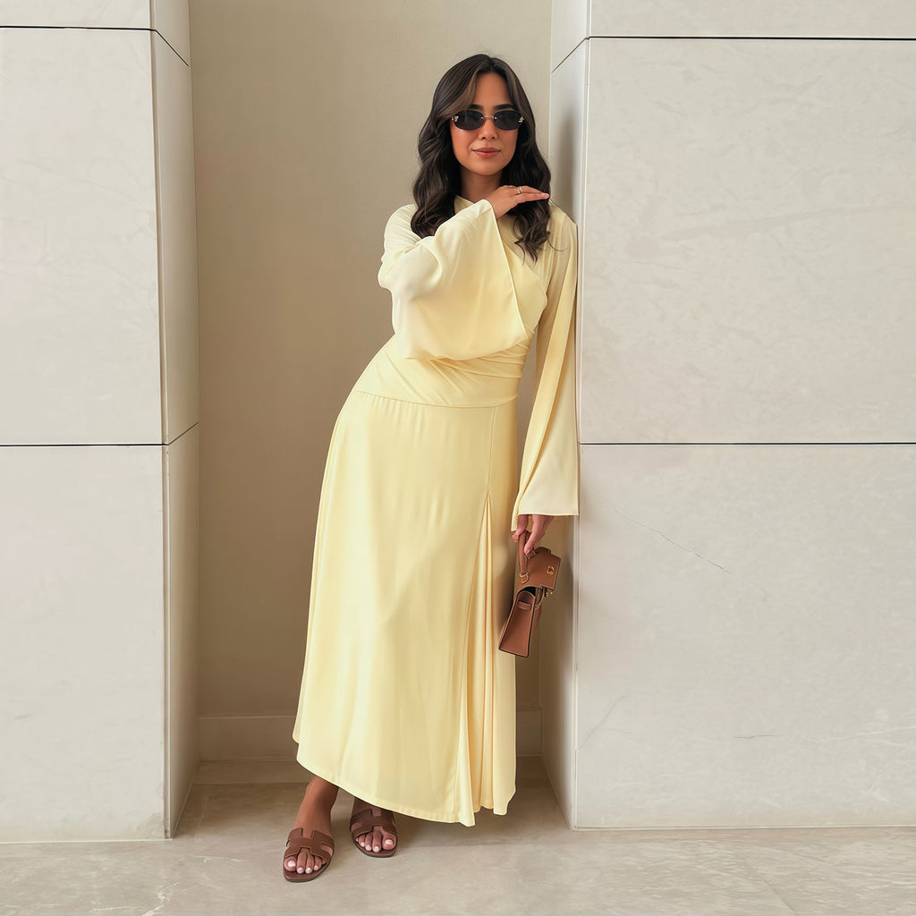 Elegant Yellow Ruched Bodycon Chiffon Long Sleeve Evening Dress SF128
