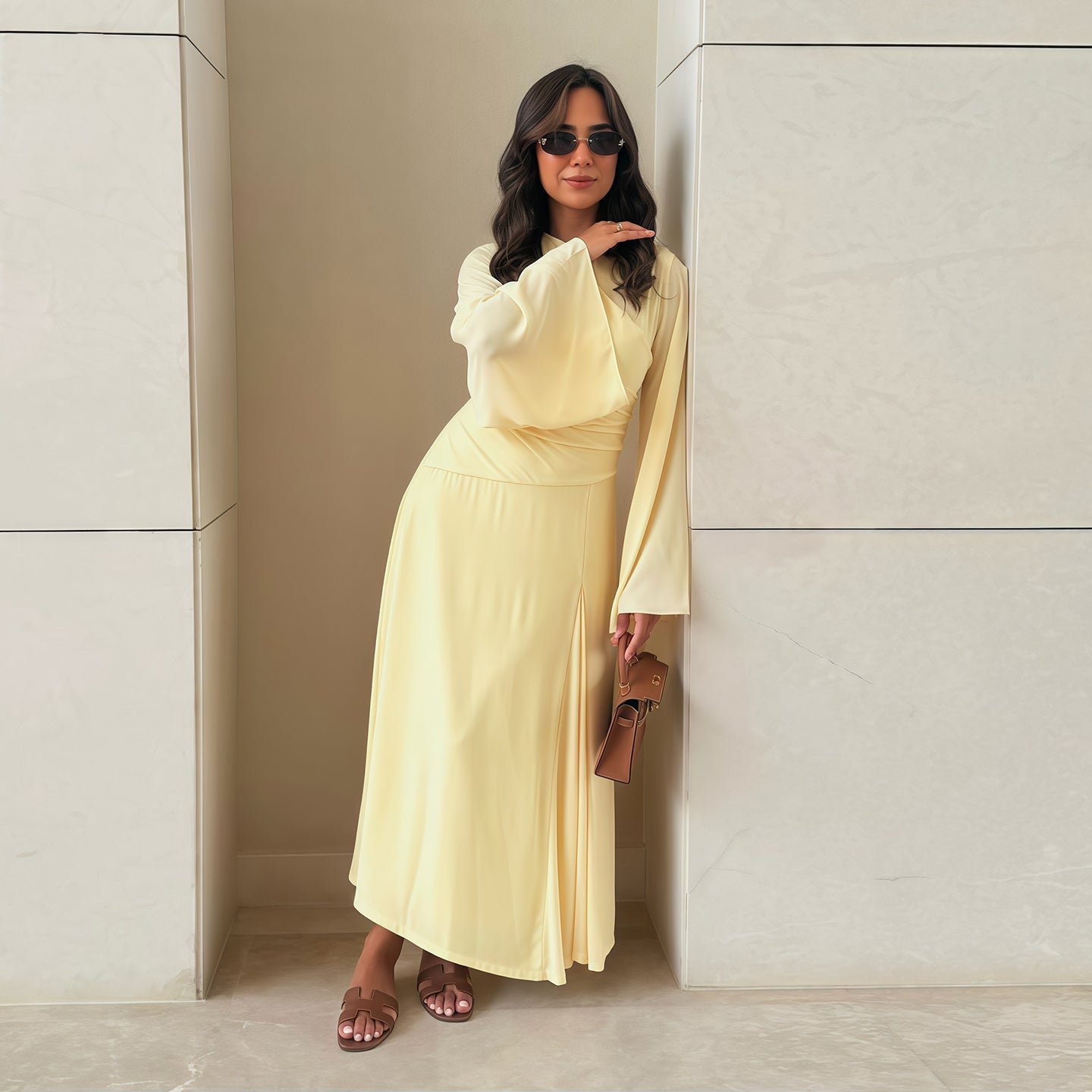 Elegant Yellow Ruched Bodycon Chiffon Long Sleeve Evening Dress SF128
