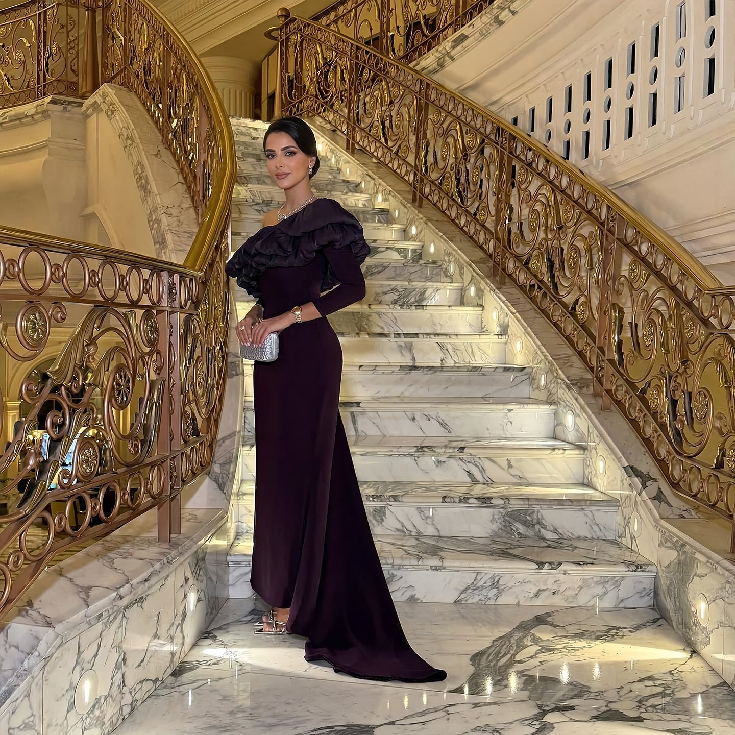 Luxury Purple Ruffled Long Sleeve Train Evening Dress SF323