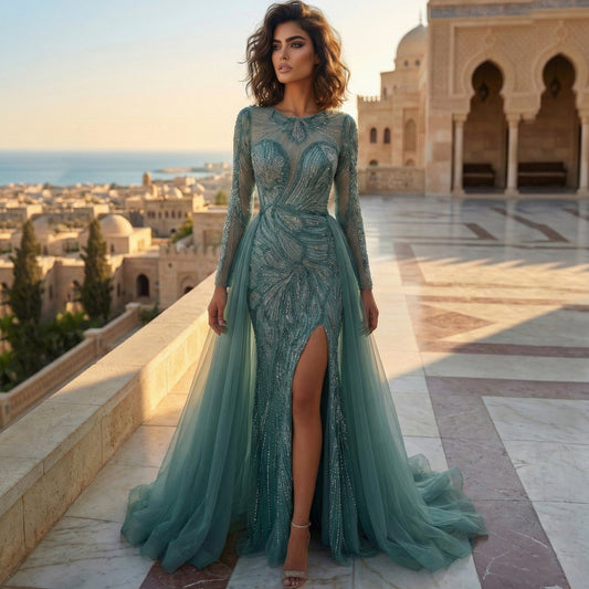 Glamorous Green Beaded High Slit Evening Dress with Overskirt SS160