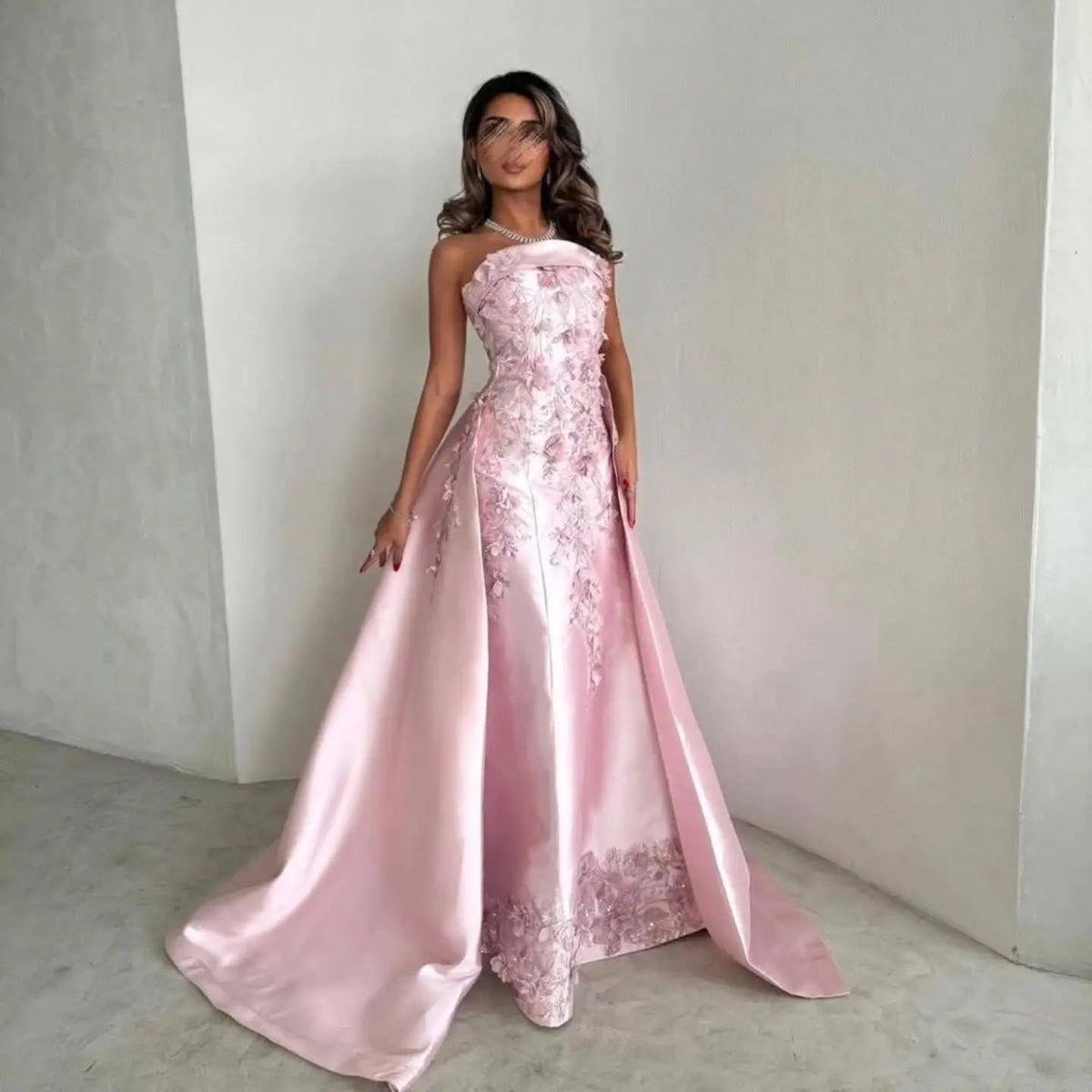 Luxury Pink 3D Floral Beaded Sequin Strapless Evening Dress with Overskirt XD067
