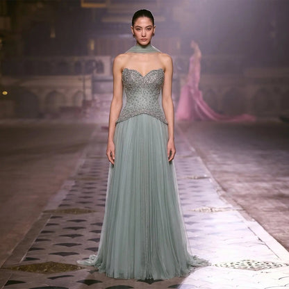 Luxury Sage Green Beaded A-Line Evening Dress with Scarf SS299