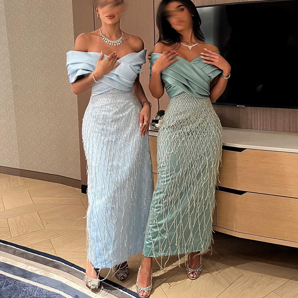 Elegant Tassel Sage Green Off Shoulder Evening Dress SS667