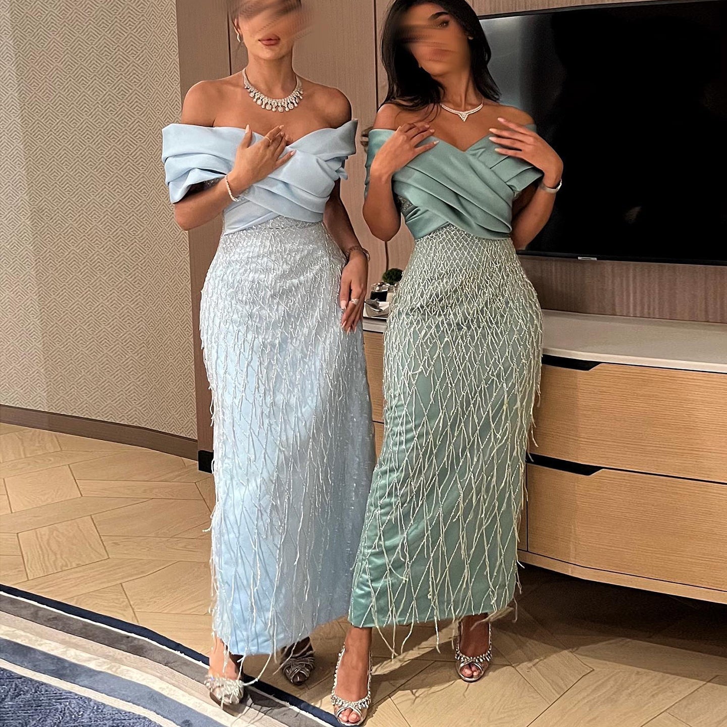 Elegant Tassel Sage Green Off Shoulder Evening Dress SS667