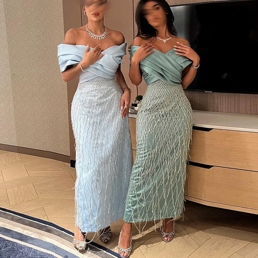 Elegant Tassel Sage Green Off Shoulder Evening Dress SS667