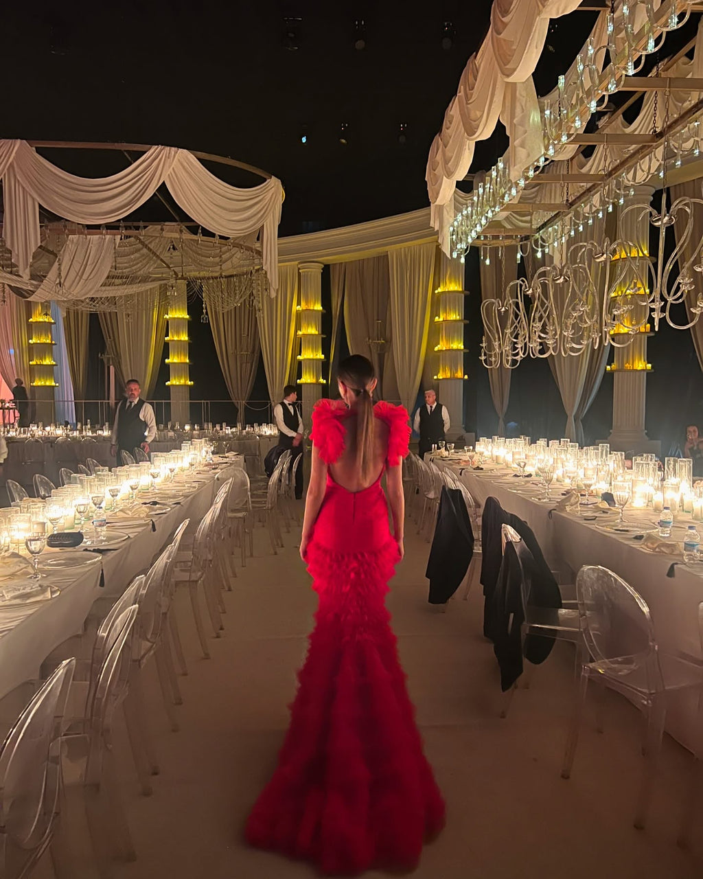 Luxury Red Ruffled Train Mermaid Evening Dress SF512