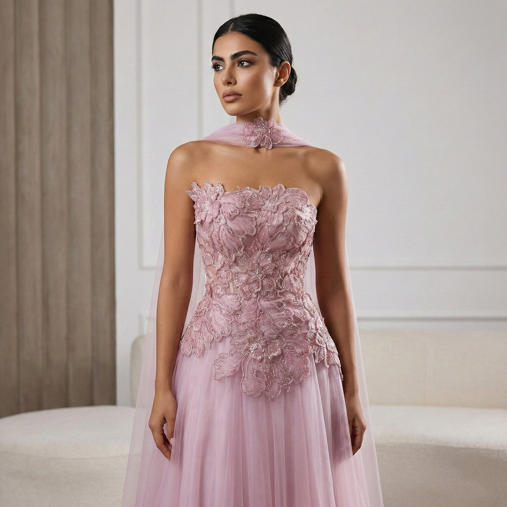 Glamorous Pink 3D Floral Strapless Tulle Evening Dress with Cape and Scarf SS239