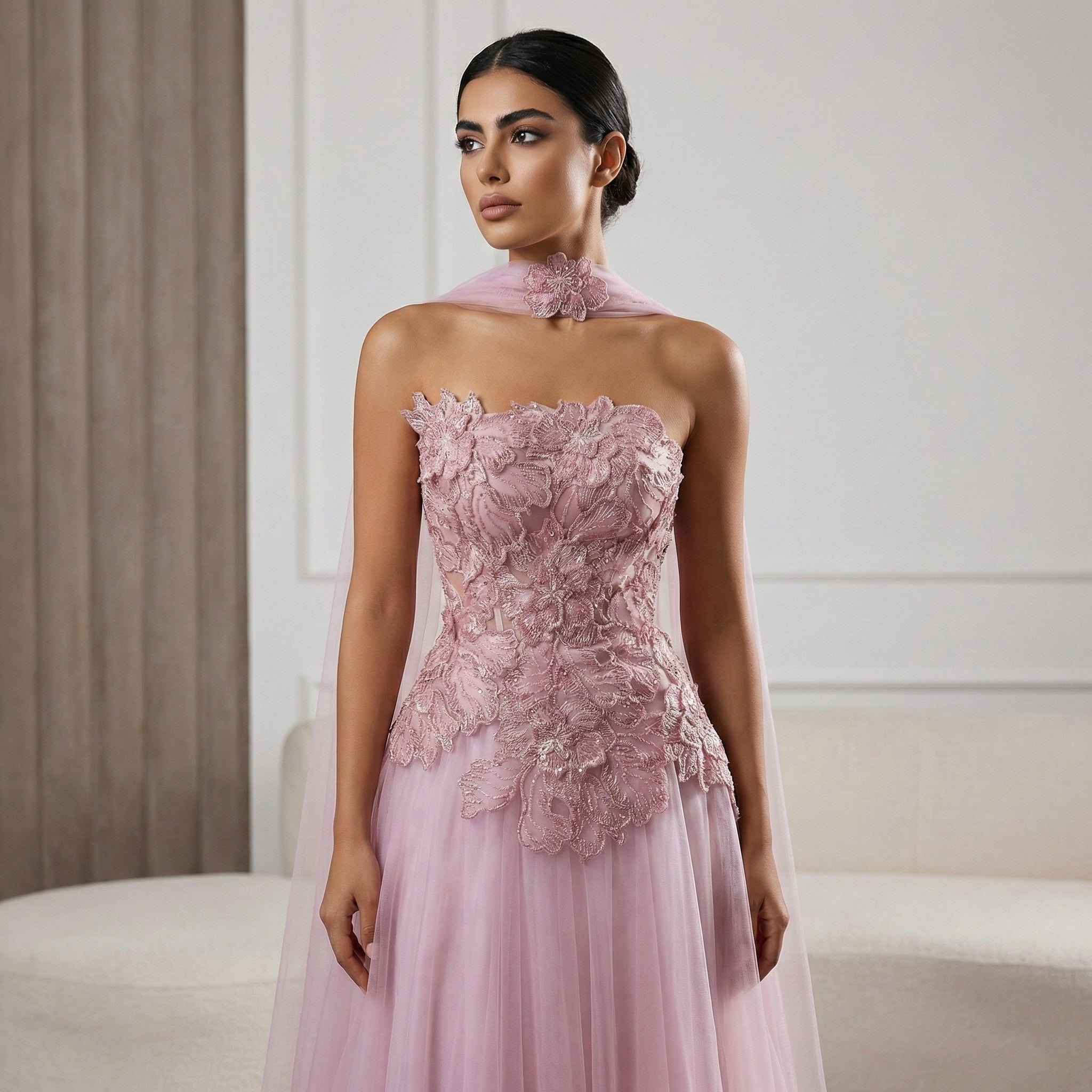 Glamorous Pink 3D Floral Strapless Tulle Evening Dress with Cape and Scarf SS239