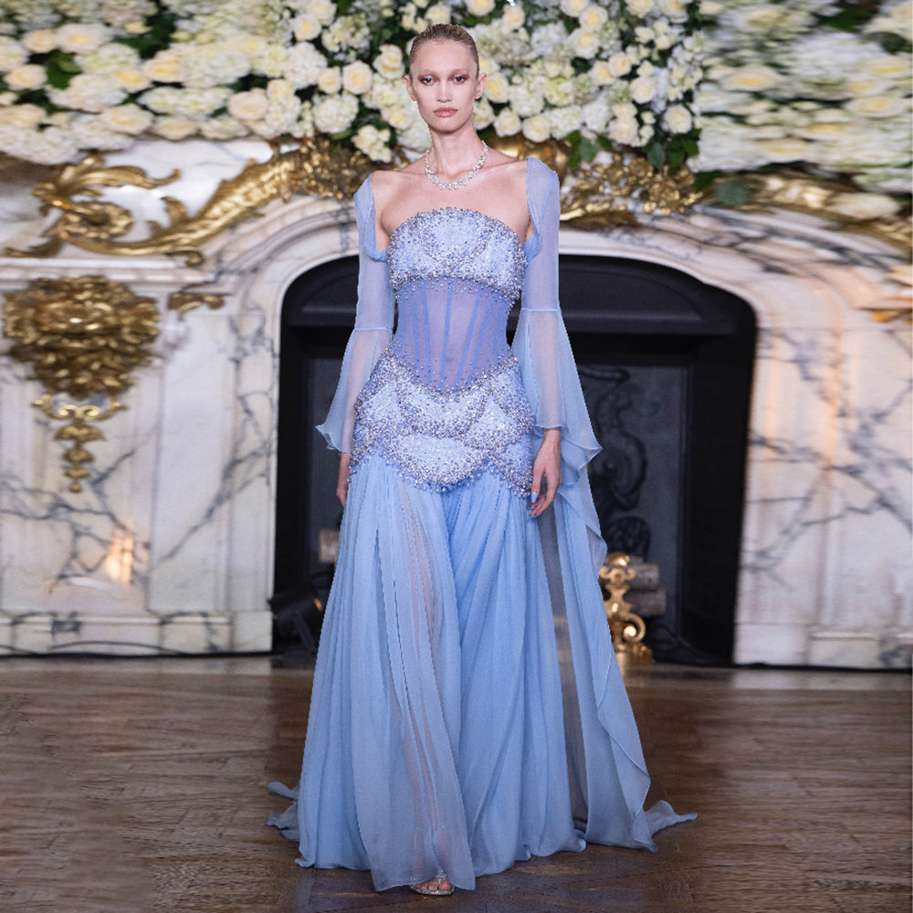 Luxury Pearls Tassel Blue and Yellow Evening Dress with Flowing Sleeves SS286