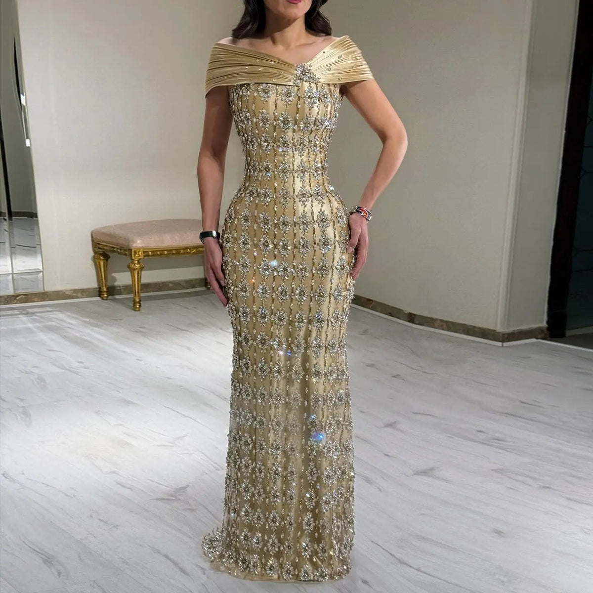 Luxury Gold Satin Evening Dress with Crystal Embellishments SS217