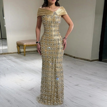 Luxury Gold Satin Evening Dress with Crystal Embellishments SS217