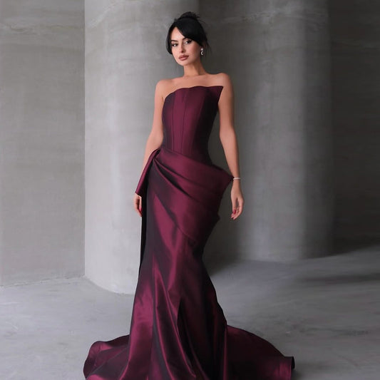 Luxury Burgundy Satin Strapless Draped Train Evening Dress SF494