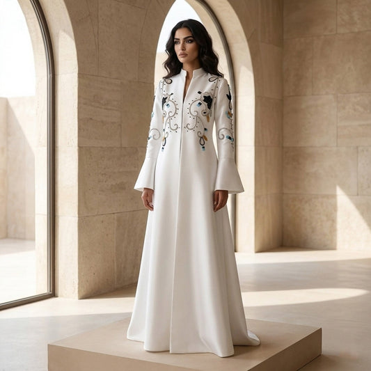 Black White Elegant Mandarin-Collar Pearl Embroidered Evening Dress XD028