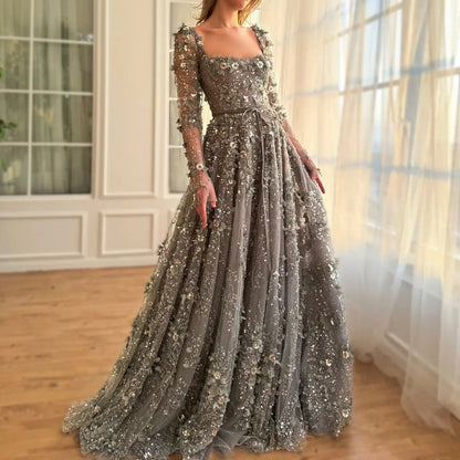 Luxury 3D Flower Gray Long Sleeves Evening Dress SS353
