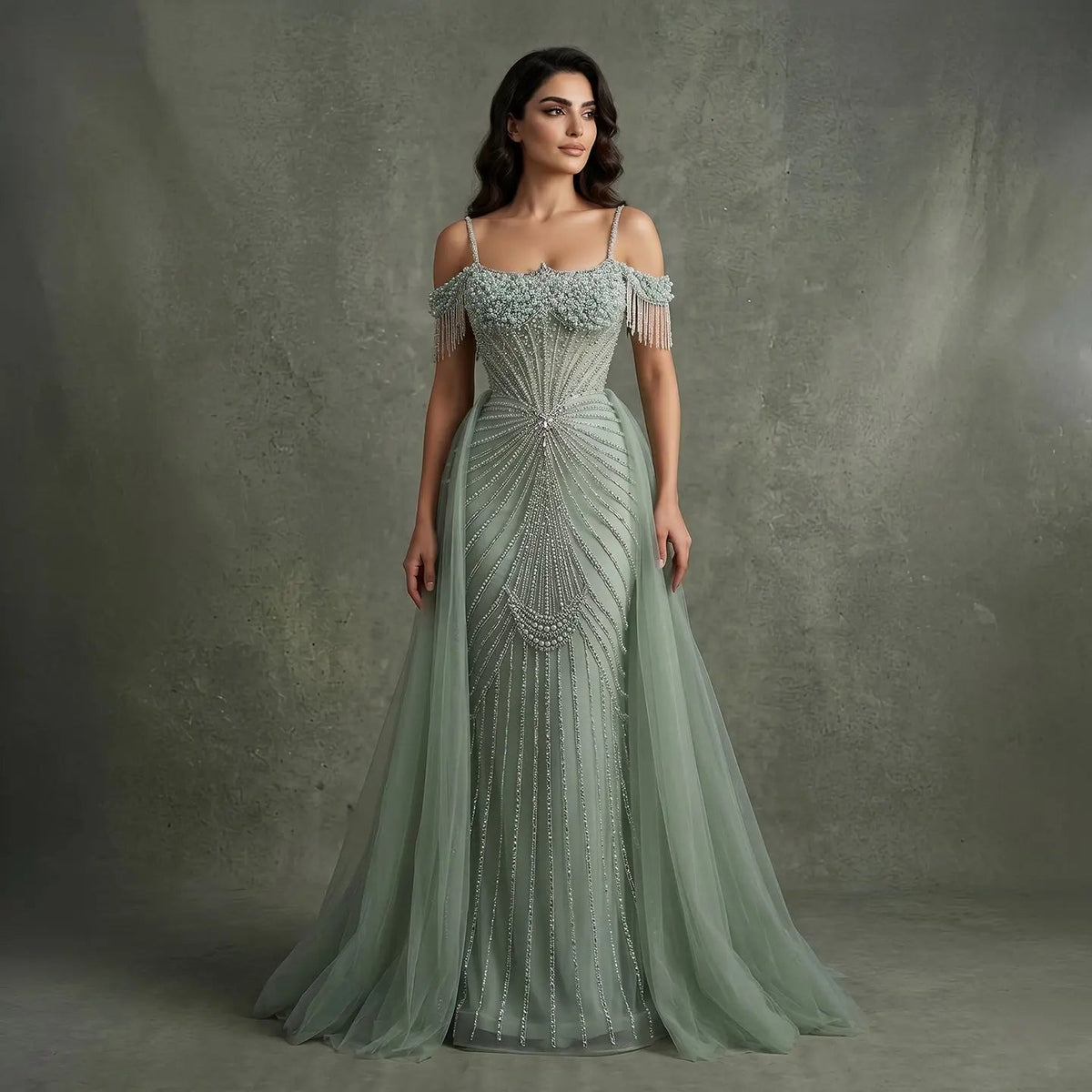Luxury Green Spaghetti Strap Beaded Evening Dress with Overskirt SS121