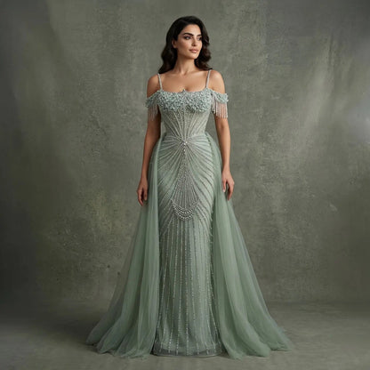 Luxury Green Spaghetti Strap Beaded Evening Dress with Overskirt SS121