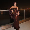 Luxury Brown Metallic Shine Strapless Evening Dress with Cape Sleeves SF592