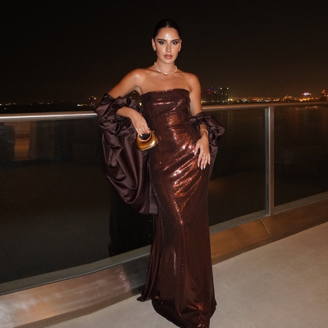 Luxury Brown Metallic Shine Strapless Evening Dress with Cape Sleeves SF592
