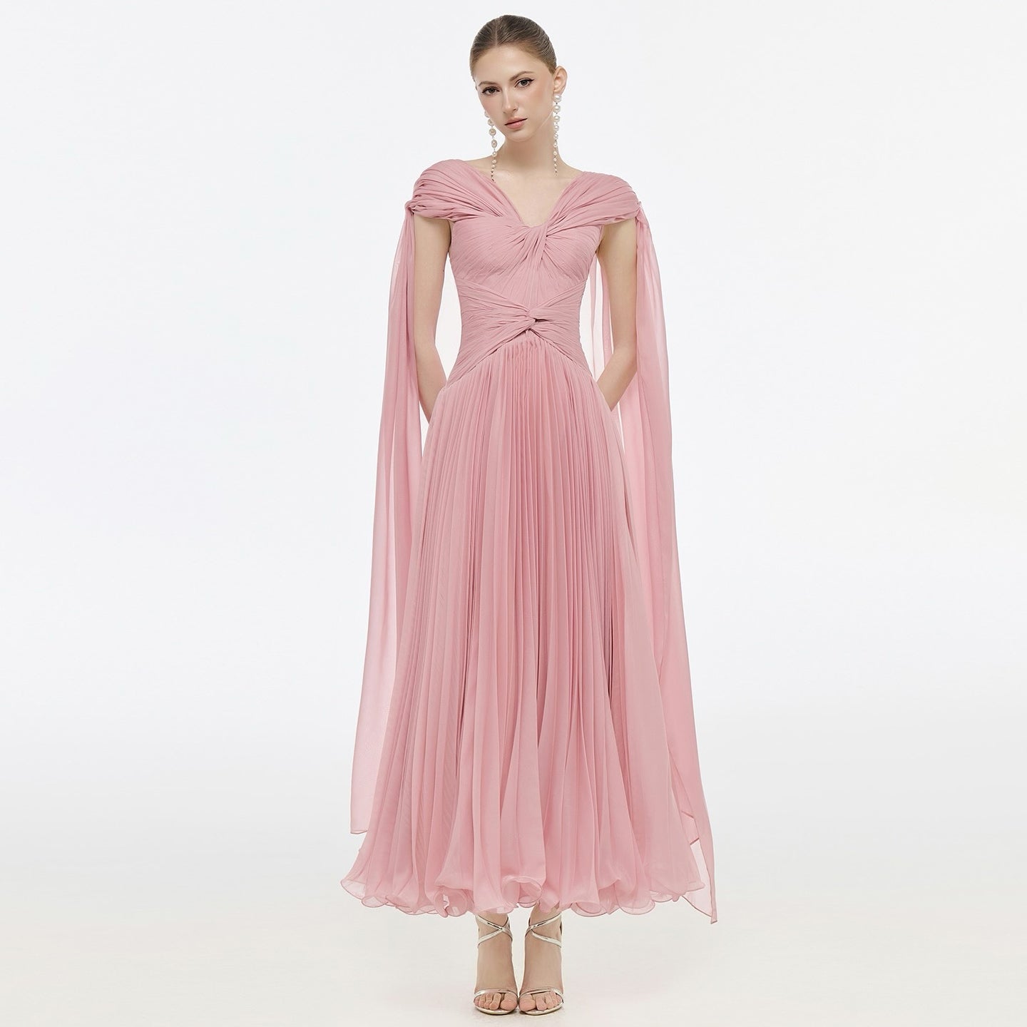 Romantic Pink Ruffles Evening Dress with Cape Sleeves SF421
