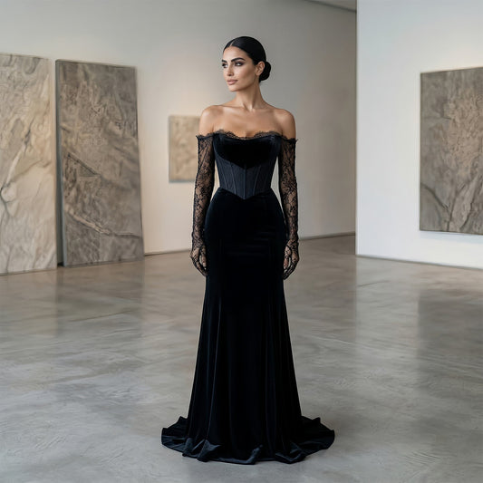 Luxury Black Strapless Corset Bodice Velvet Evening Dress with Gloves SF538