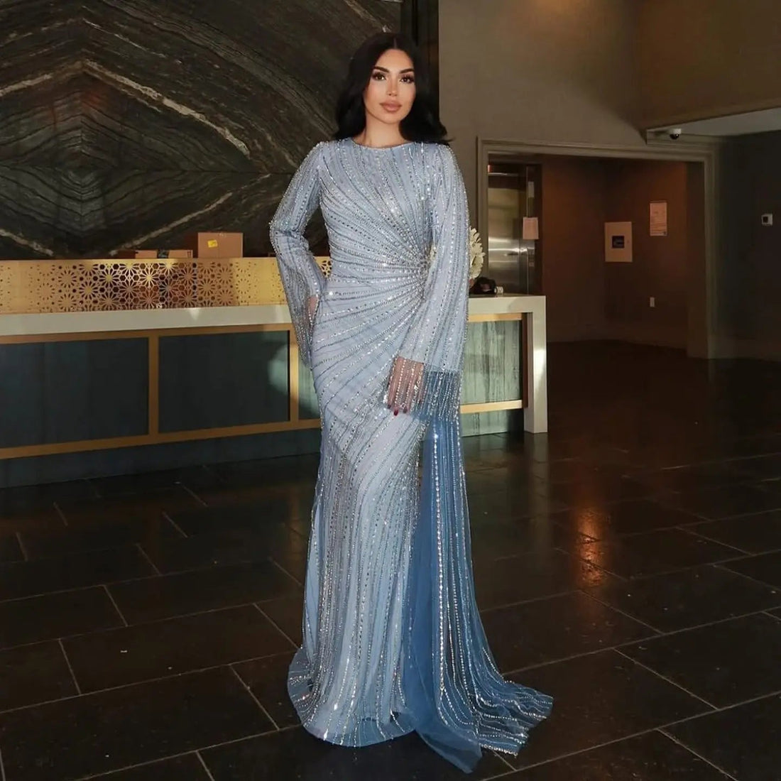 Luxury Beaded Gold Long Sleeves Evening Dress with Overskirt SS113