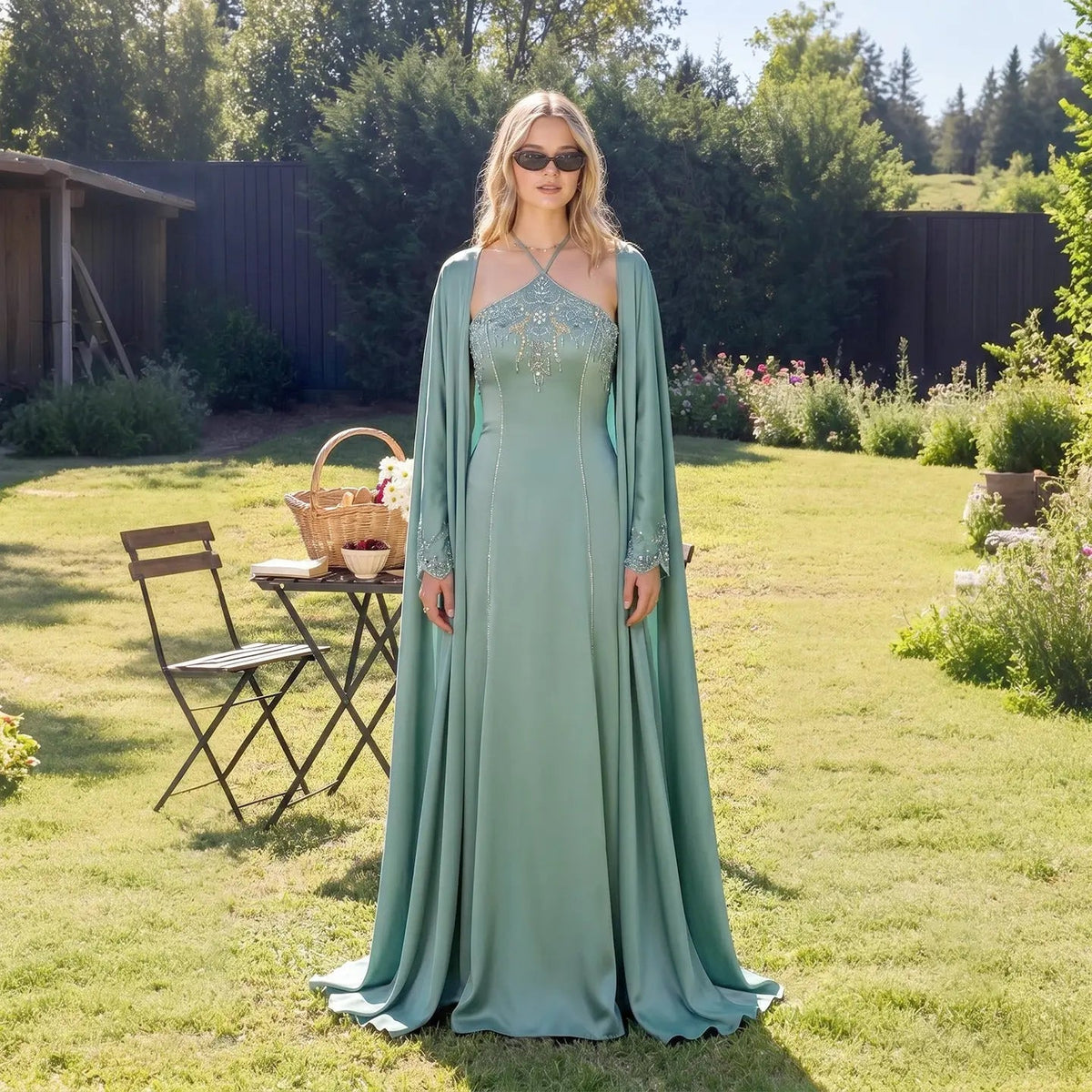 Luxury Sage Green Halter Evening Dress with Cape SS301