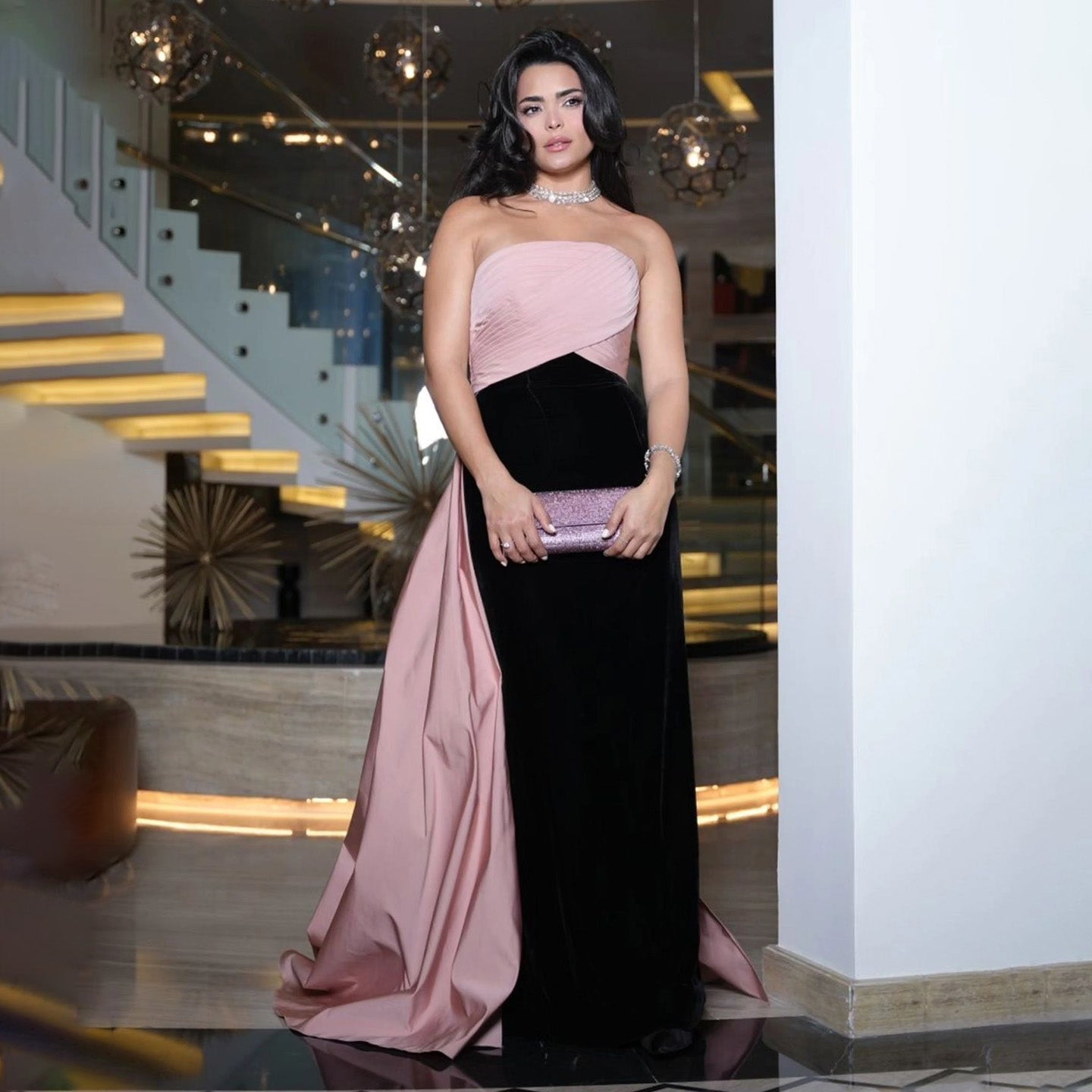Elegant Strapless Pink&Black Evening Dress with Overskirt SF594