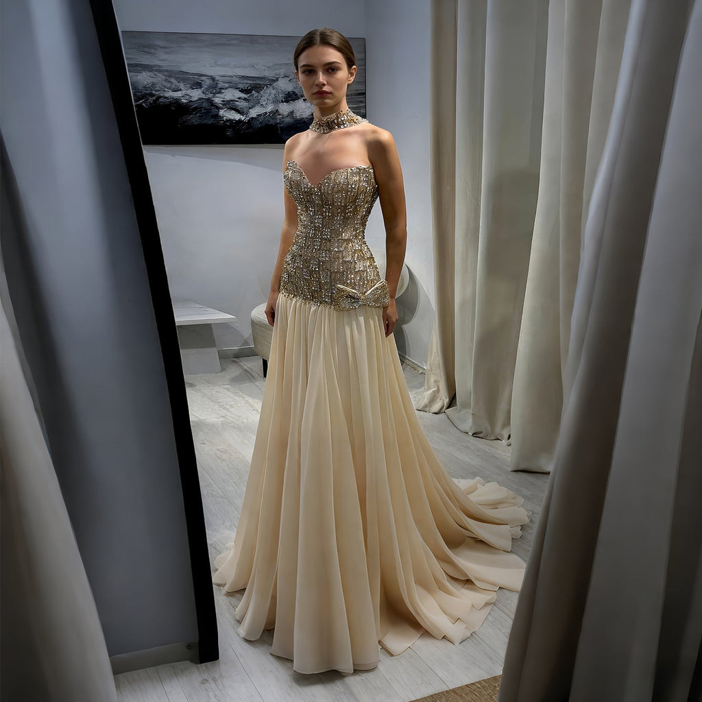 Luxury Gold Strapless Beaded Corset Evening Dress with Choker SS504