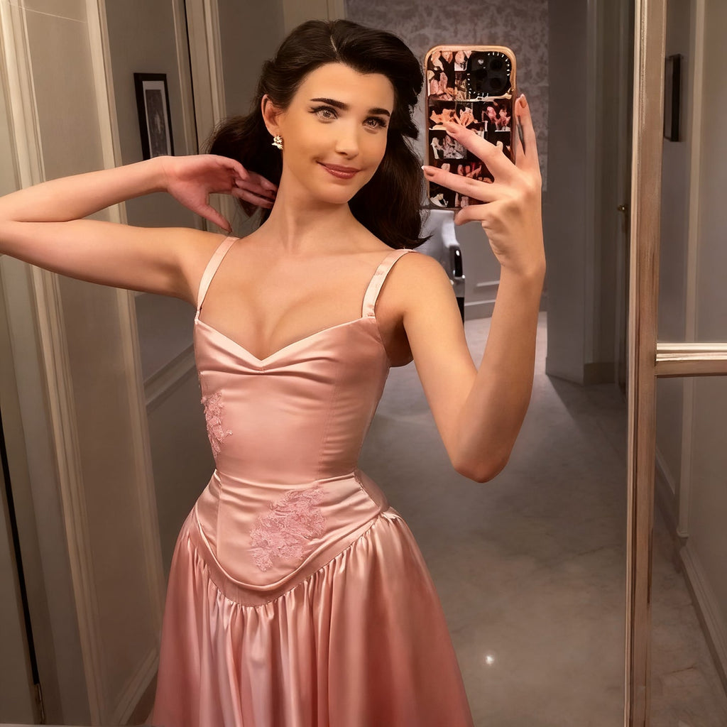 Luxury Pink Satin Spaghetti Strap Embroidery Evening Dress SF450