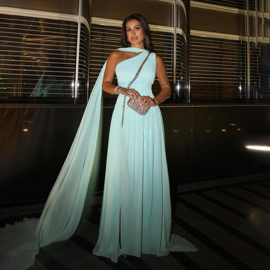 Luxury Beaded Aqua A-Line Chiffon Evening Dress SF234