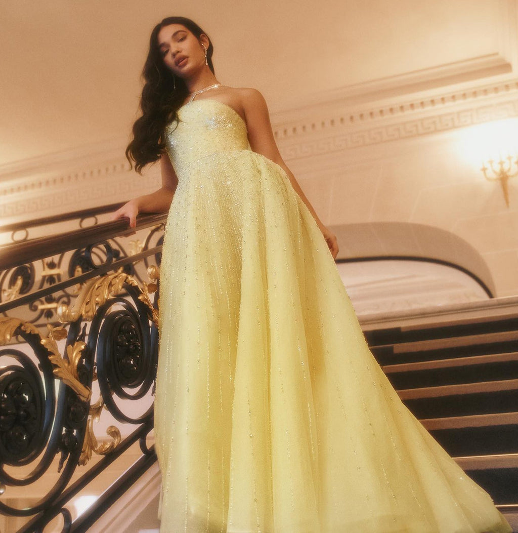 Sparkly Beaded Yellow Halter Neck Evening Dress with Gloves SS313