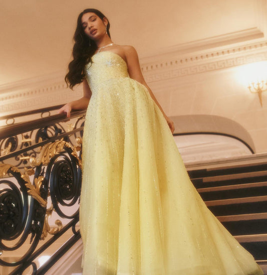 Sparkly Beaded Yellow Halter Neck Evening Dress with Gloves SS313