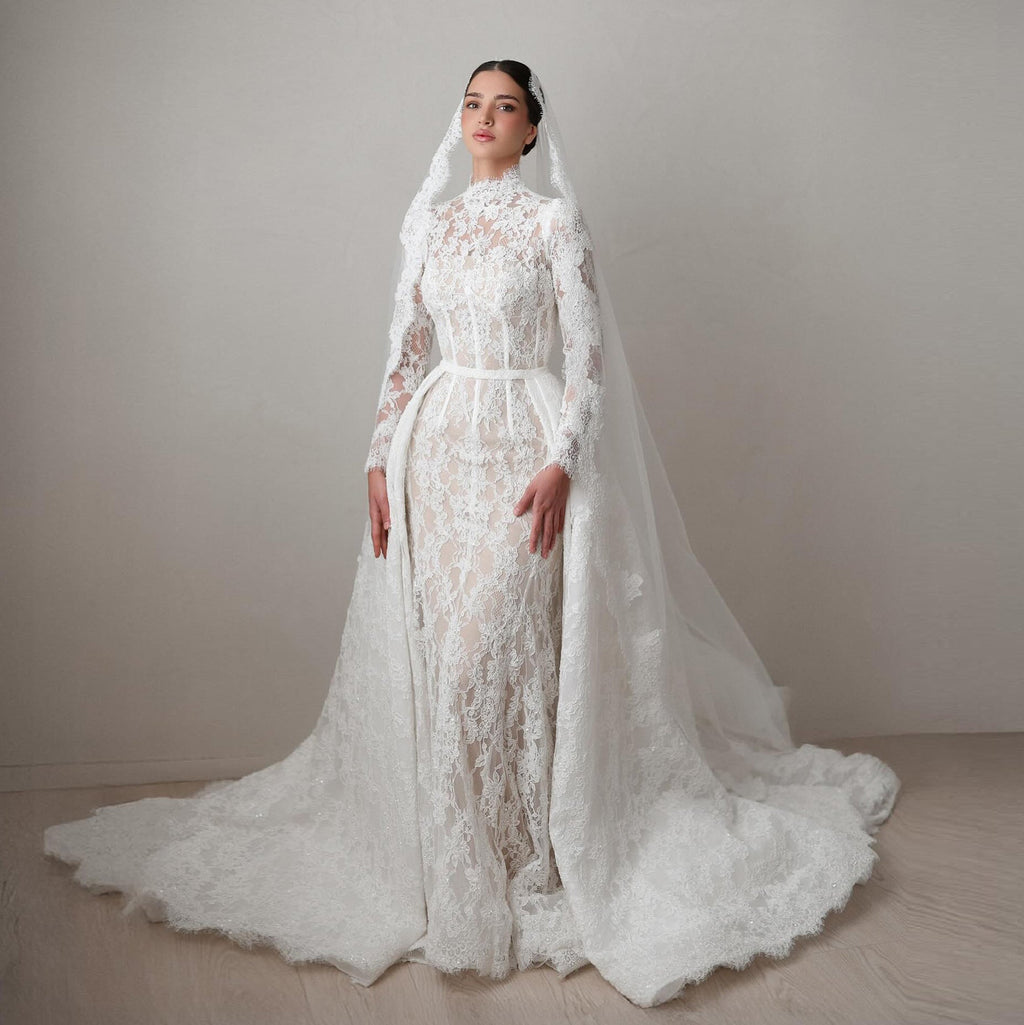 Luxury Lace Printed Long Sleeve Wedding Dress with Overskirt SW529