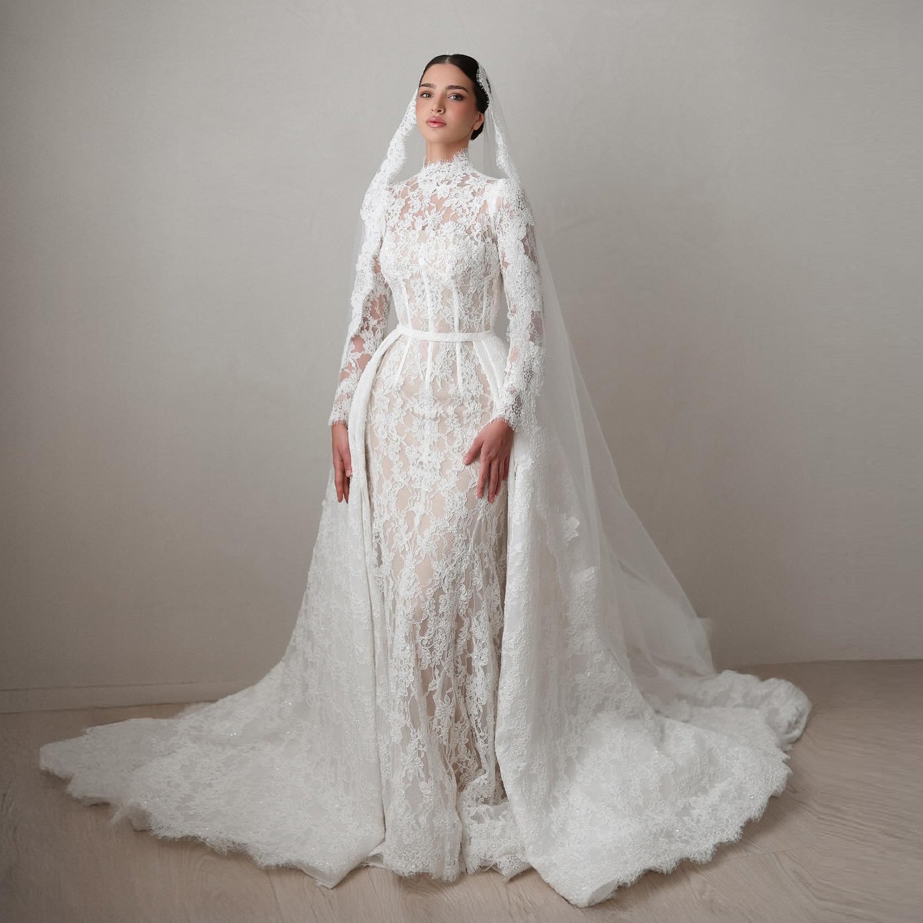 Luxury Lace Printed Long Sleeve Wedding Dress with Overskirt SW529