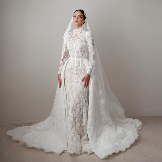 Luxury Lace Printed Long Sleeve Wedding Dress with Overskirt SW529