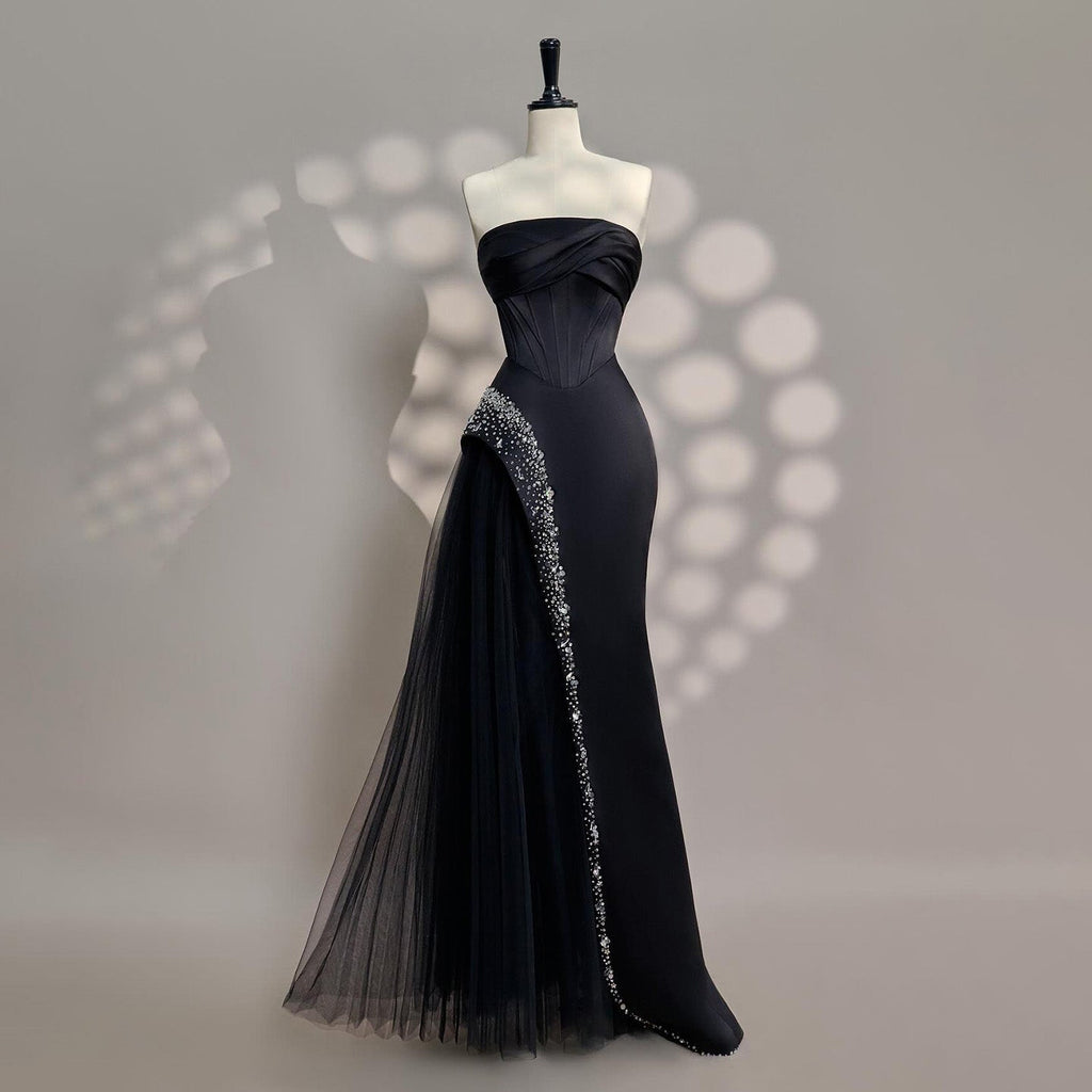 Stunning Strapless Black Crystal Mermaid Evening Dress SF582