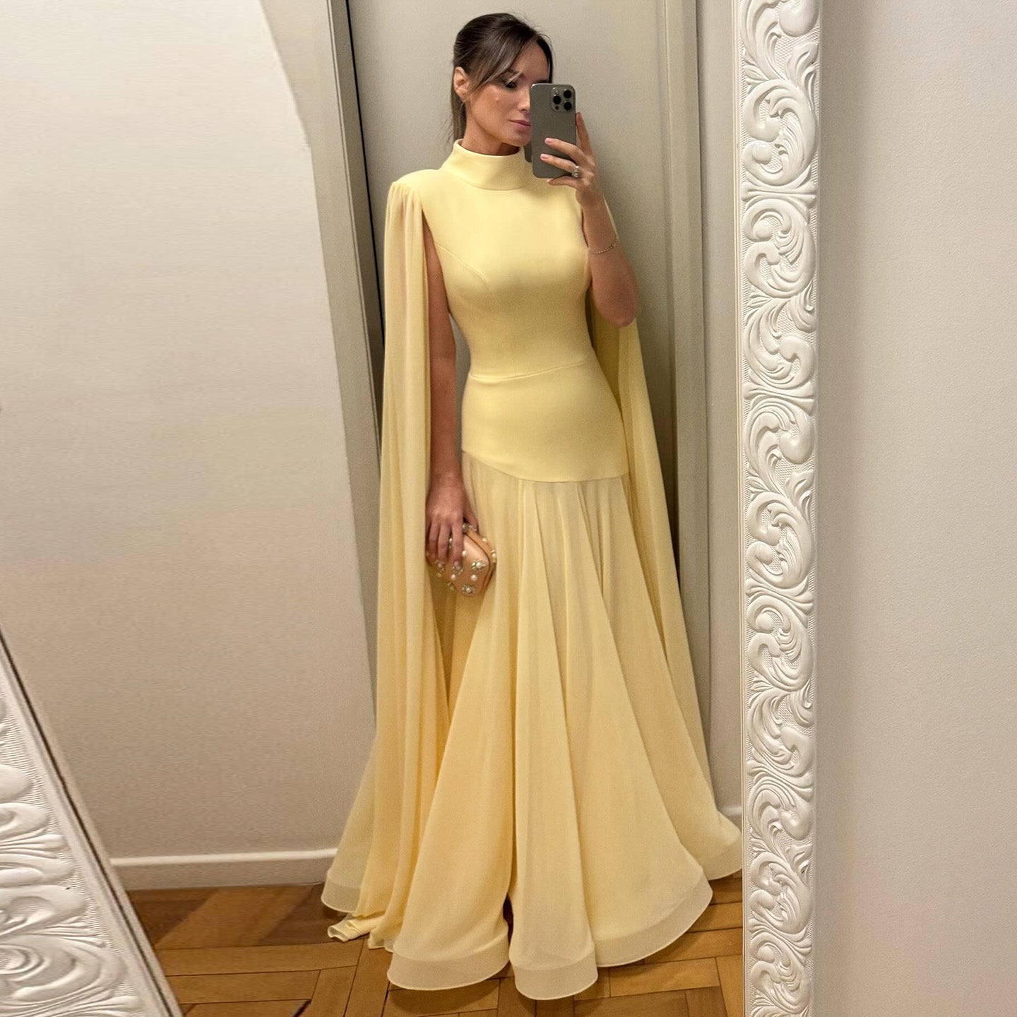 Elegant Yellow Lotus Leaf Folds Evening Dress with  Cape Sleeve SF046