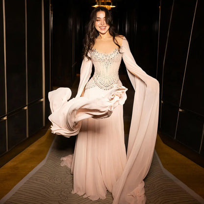 Luxury Pink Beaded Flowy Cape Sleeve Evening Dress SS367
