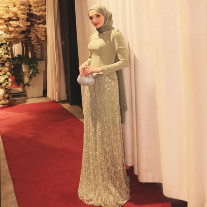 Glamorous Modest Hijab-Style Green Sequin Evening Dress SS613