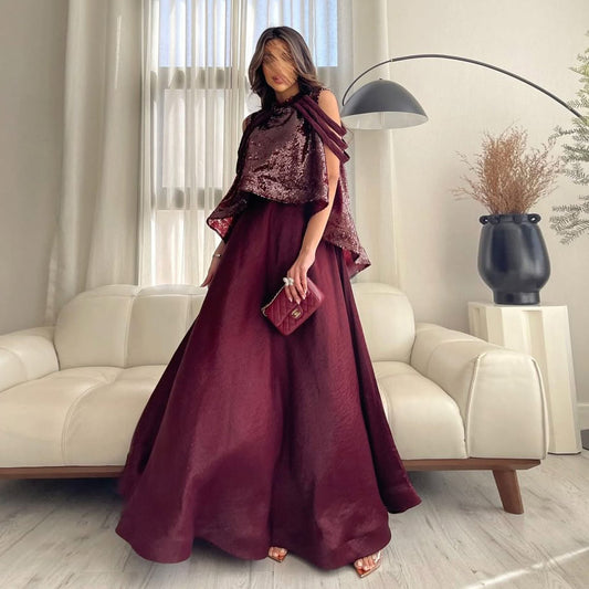 Luxury Burgundy Sequin 2 Piece Cape Design Formal Evening Dress SF418