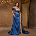 Luxury Navy Blue Pearl Sequin Evening Dress with High Slit SF617