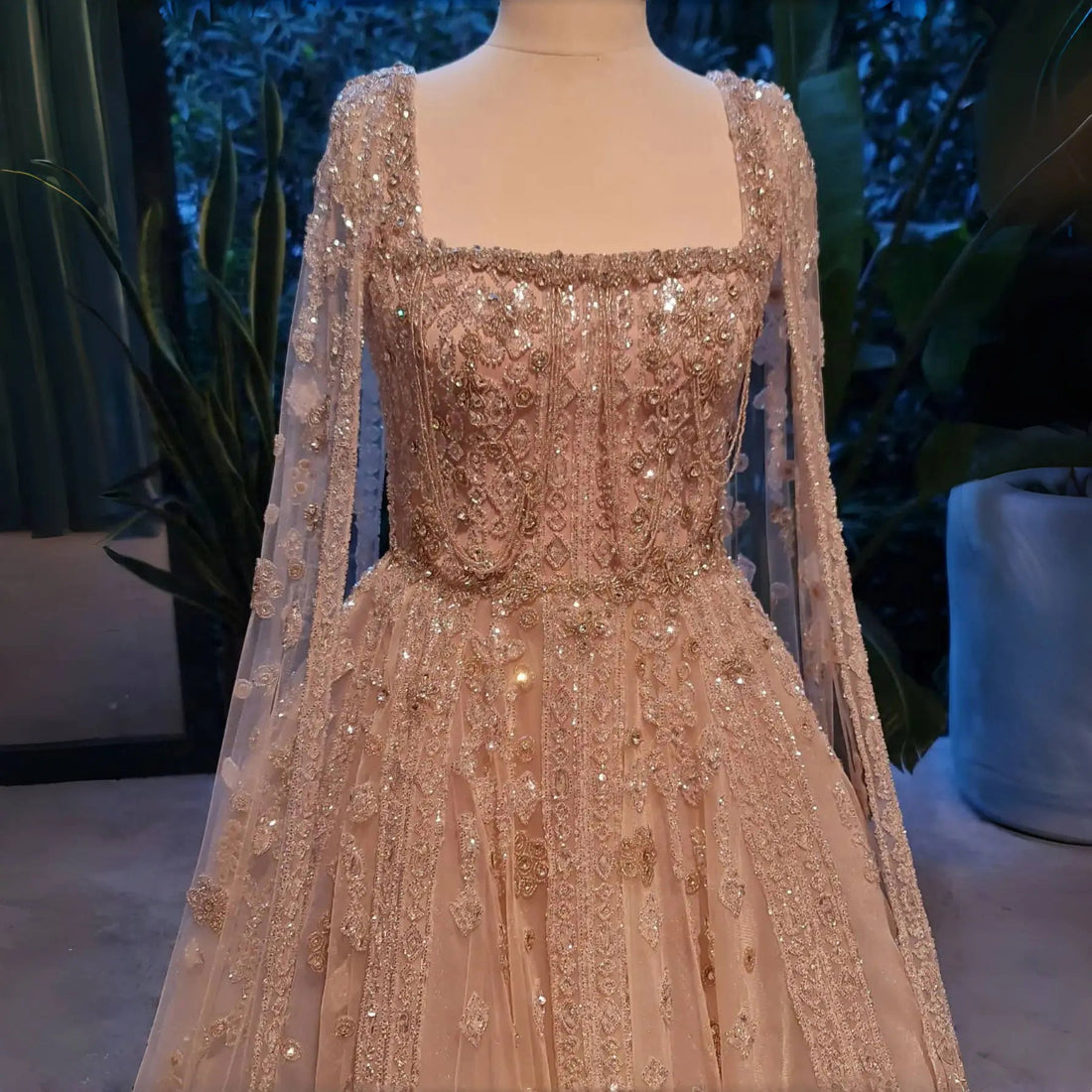 Luxury Nude Evening Dress with Cape Sleeves Chocker SS543